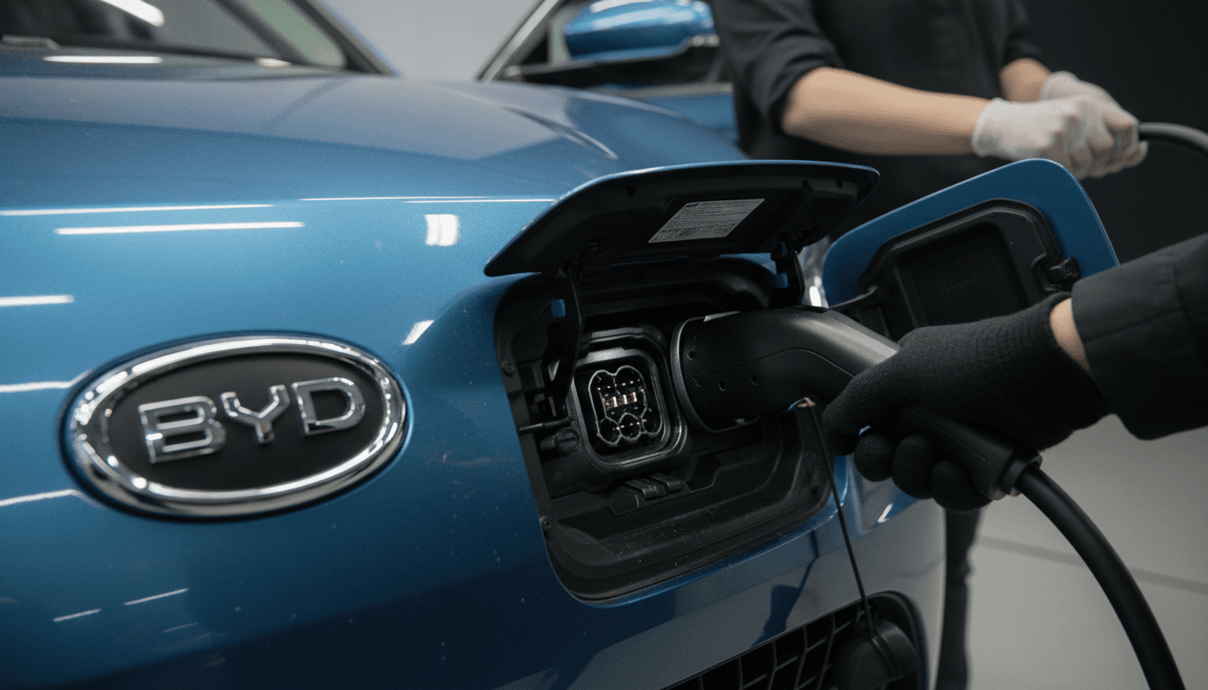 Close-up of a BYD SUV's charging port with the BYD logo clearly visible, symbolizing the company's electric vehicle technology and its role in the BYD overseas sales surge.