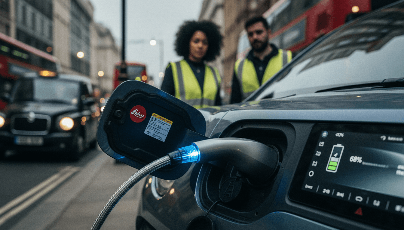 An electric car charging at a public charging point in Crouch End, London, illuminated by the glow of the charger's indicator lights, representing the advancement of flash-charge technology.