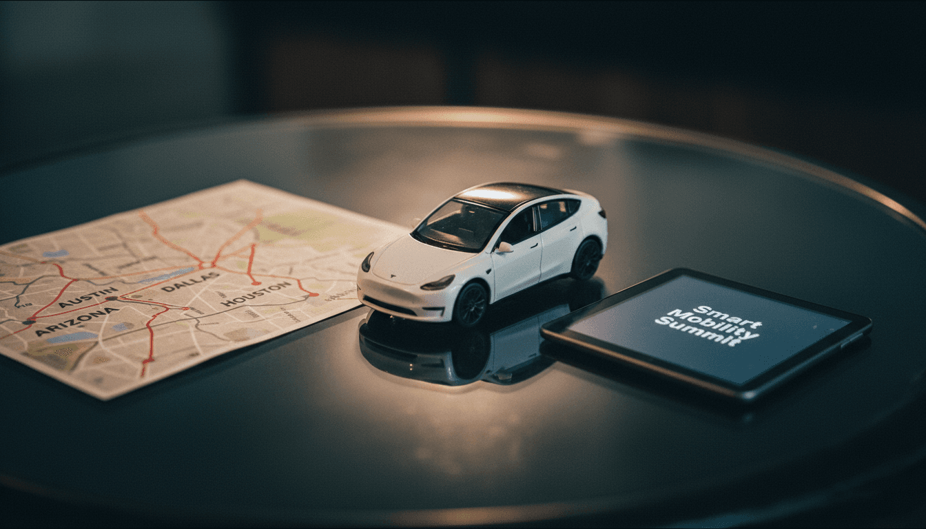 A Tesla vehicle with 'Full Self-Driving' branding driving autonomously on a city street, representing the expansion of self-driving cars without monitors.