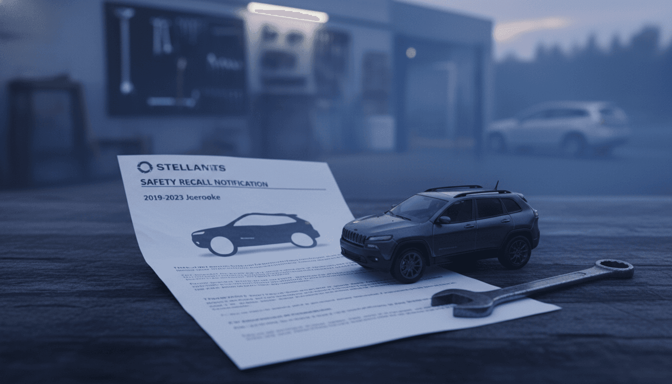 A close-up shot of a recall notification letter resting on the dashboard of a 2019-2023 Jeep Cherokee, with a partially visible gear shifter in the 'Park' position, emphasizing the Jeep Cherokee recall.
