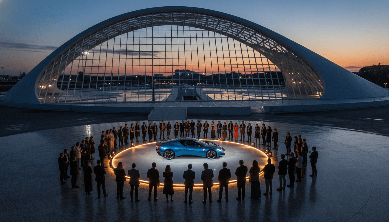 An aerial view of the Ferrari Luce launch event at the Vela di Calatrava, Città dello Sport in Rome, showcasing the new electric vehicle under dramatic lighting.