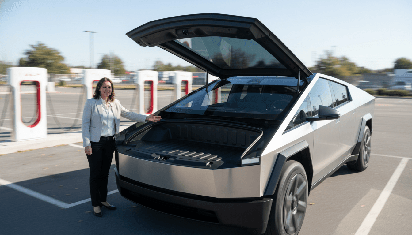 A Tesla Cybertruck with its powered frunk open, demonstrating its spaciousness, as new Tesla Cybertruck details emerge.
