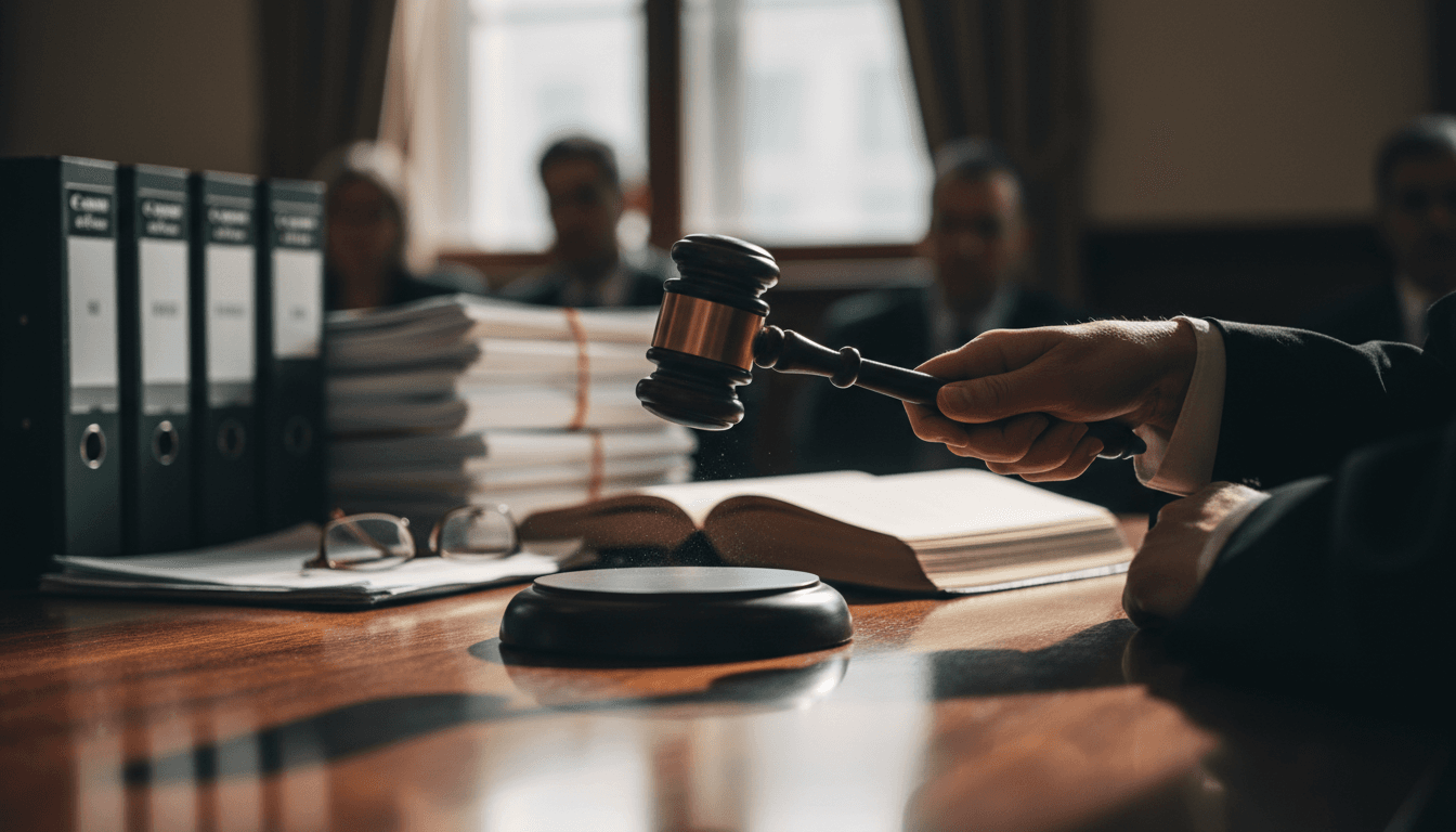 A gavel striking a sound block on a judge's bench, symbolizing a prison sentence reversal in an Oregon court.