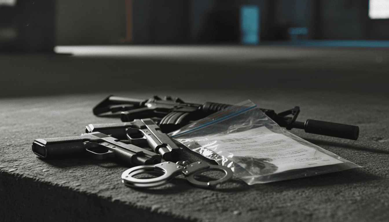 A still life composition showing recovered firearms and police handcuffs, symbolizing the arrest of six kidnappers arrested in Kwara.