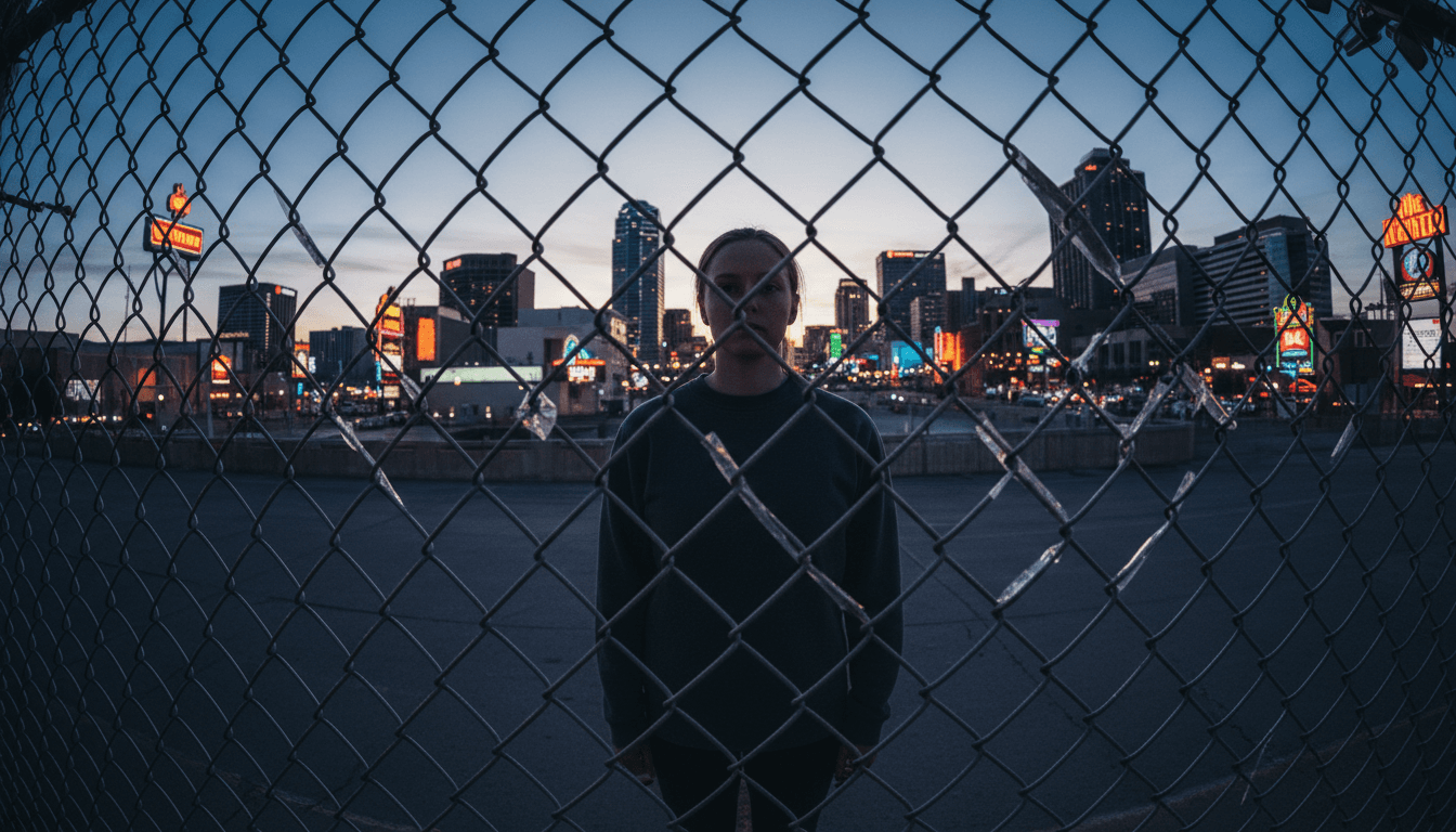 A silhouette of a figure standing before a blurred backdrop of Reno's downtown lights at night, symbolizing a convicted murderer arrested in Reno and the shadows of the justice system.
