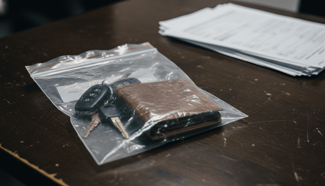 A police evidence bag containing a set of keys and a wallet, resting on a table, symbolizing the man arrested outside Nancy Guthrie home.