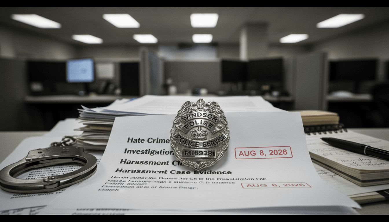 A police badge from the Windsor Police Service resting on a stack of legal documents related to a hate-motivated harassment investigation.