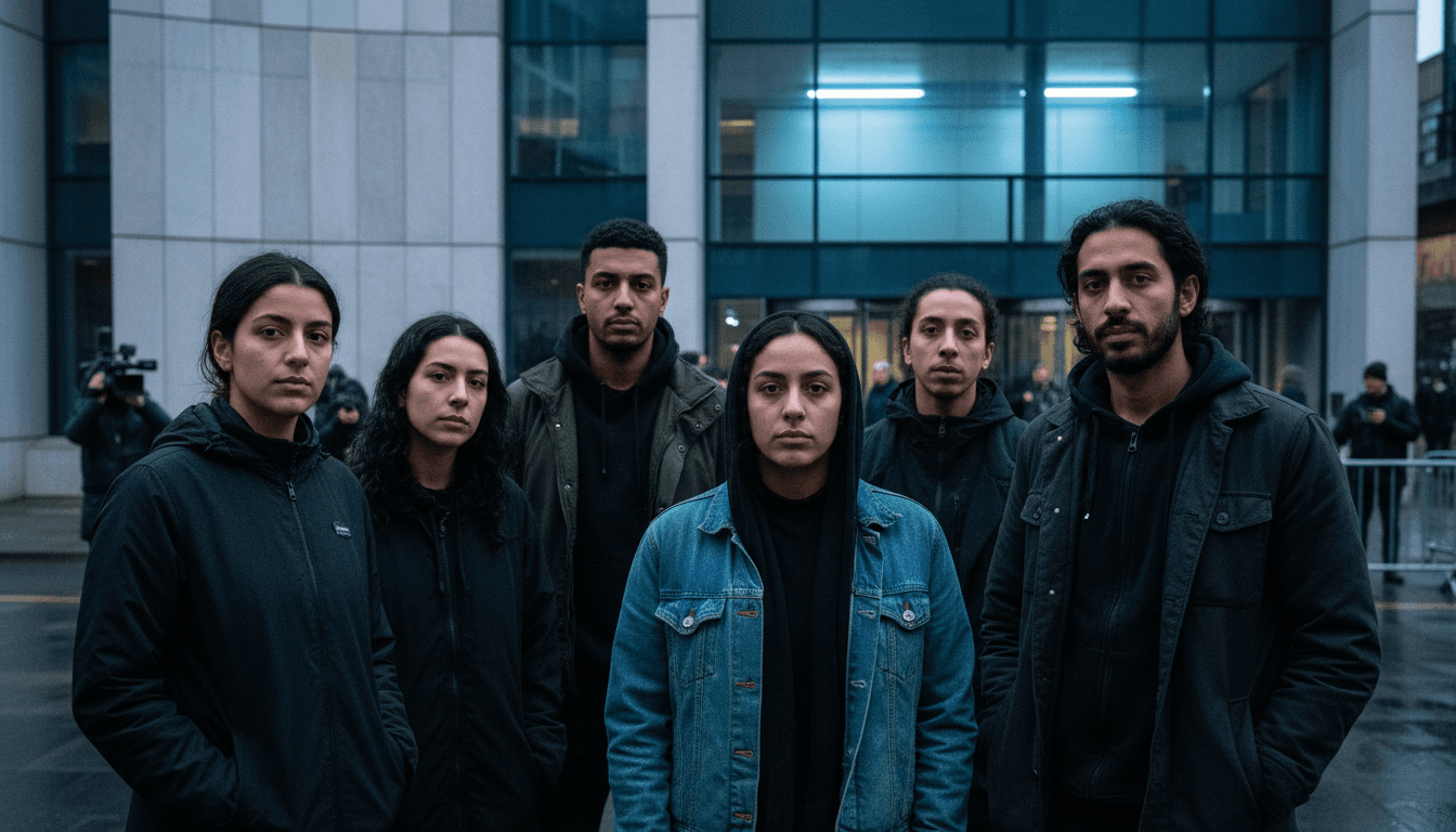 Six Palestine Action activists stand outside a courthouse, their faces visible, against a backdrop that suggests a public demonstration, highlighting the historic terror connection being applied to some of their charges.