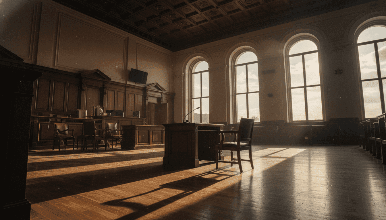 A dimly lit, empty courtroom with a single witness stand highlighted, conveying the absence of the Prescott man faking a Sinaloa Cartel kidnapping.