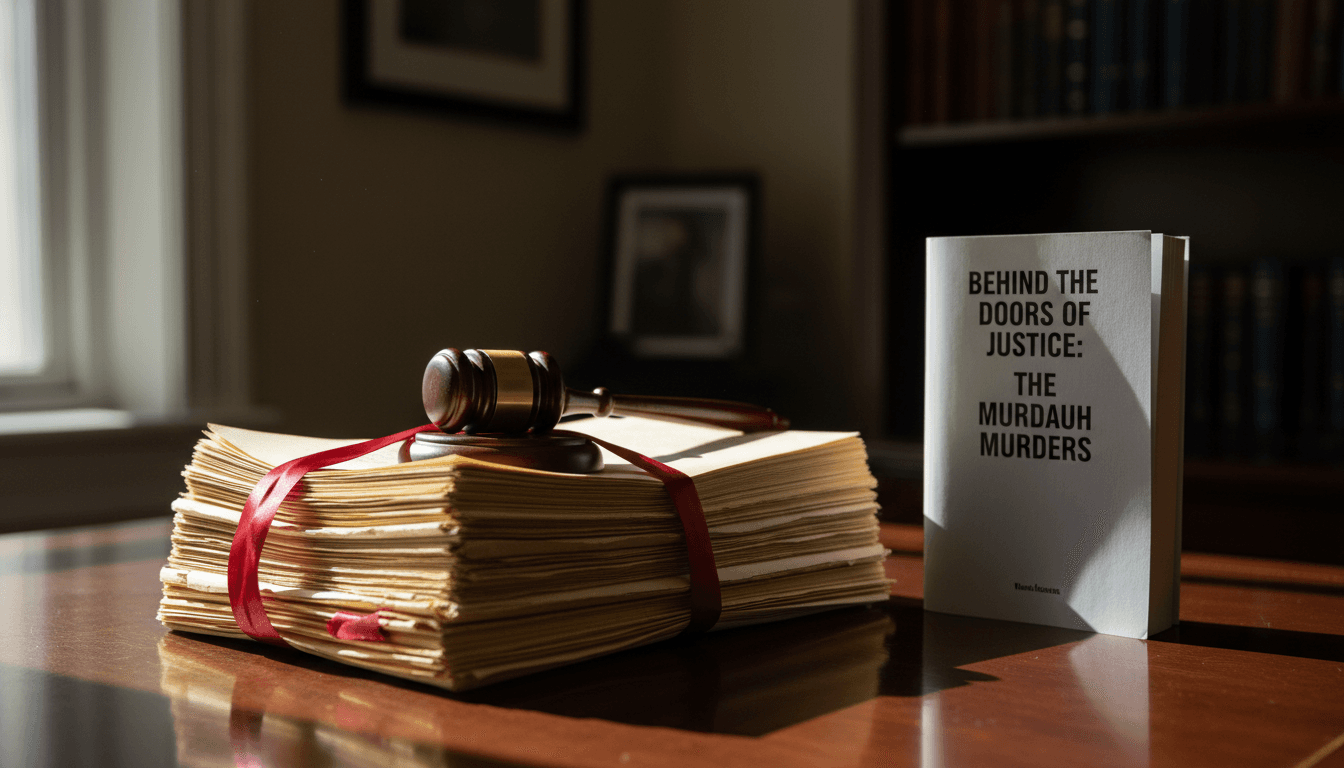 A stack of legal documents with a gavel resting on top, and a copy of a book titled 'Behind the Doors of Justice' in the background, symbolizing the Becky Hill guilty verdict and its context.
