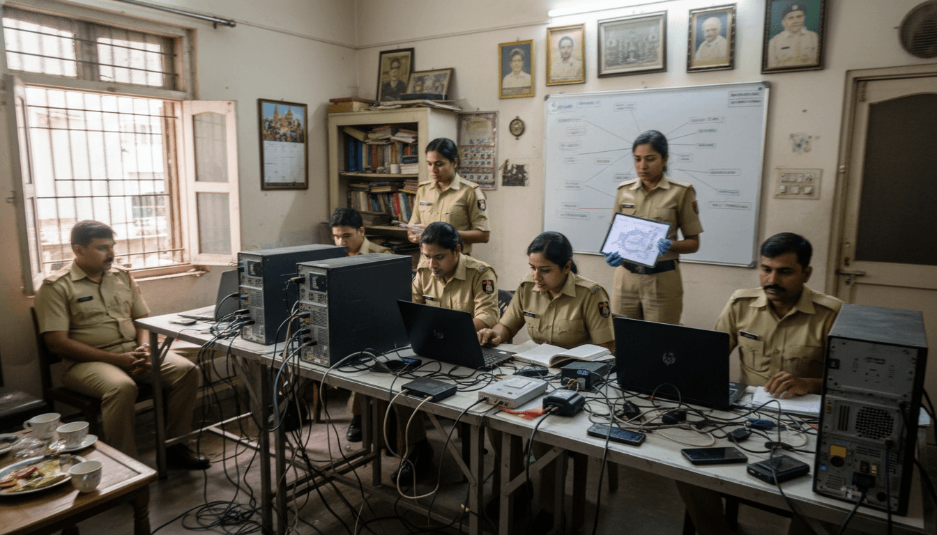 Police officers investigating digital devices in an office, symbolizing the bust of a massive cyber crime network.
