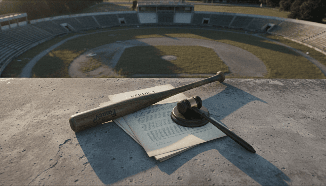 A baseball bat resting on a legal document with a gavel nearby, symbolizing Wander Franco found guilty of abuse