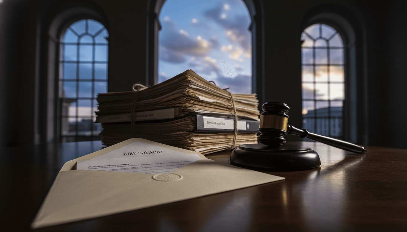 A jury summons envelope on a dark wooden table, next to a gavel and a stack of legal documents related to the Daryus Bryant murder trial.