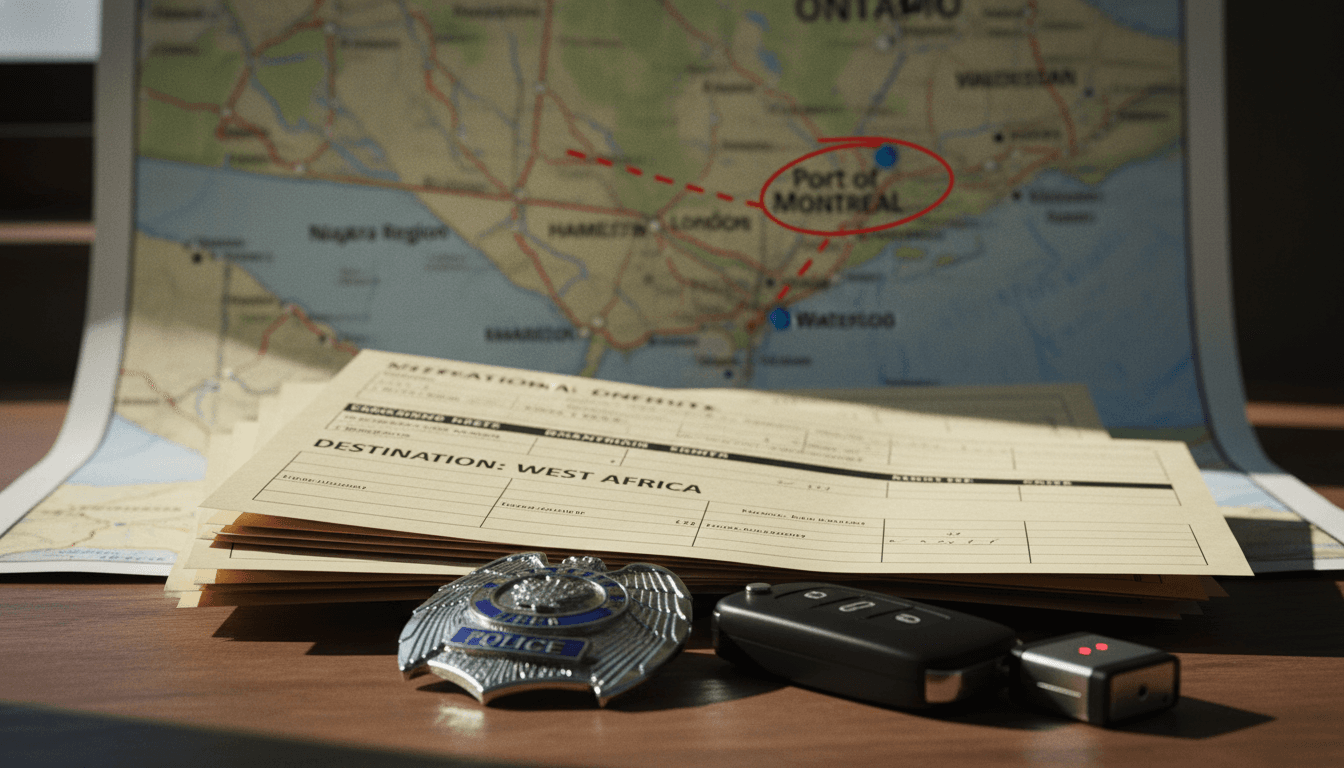 A still life composition featuring a police badge, a car key with a GPS tracker, a stack of international shipping manifests, and a map highlighting southern Ontario and the Port of Montreal, symbolizing the Niagara police auto theft investigation.