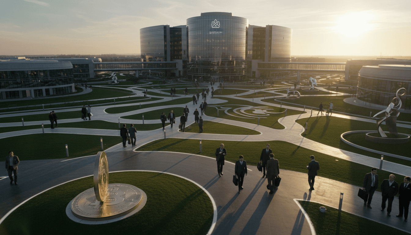An aerial view of a bustling corporate campus, with a prominent building subtly displaying 'Metaplanet' signage, representing the company's financial performance where Metaplanet Q1 operating profit jumps.