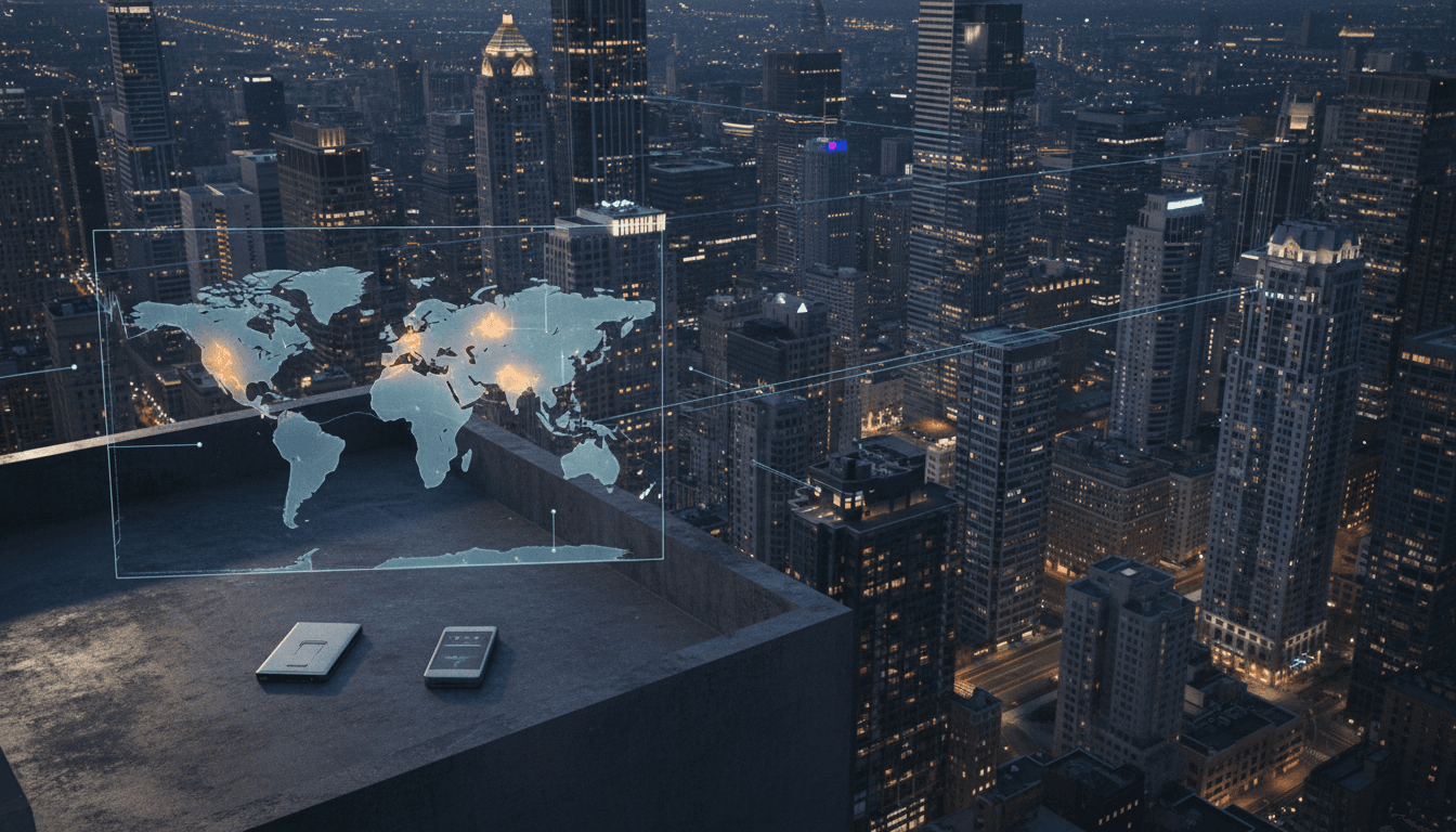 An aerial view of a bustling global financial district, with digital overlays representing data streams and connections, highlighting how Polymarket users face insider trading suspicions.