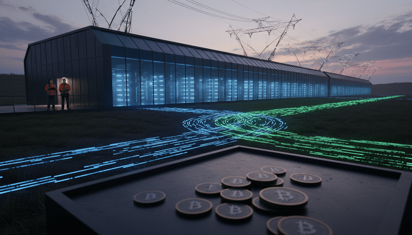A modern data center facility in Kentucky, showcasing racks of servers and power infrastructure, emphasizing that TeraWulf acquires Kentucky site.