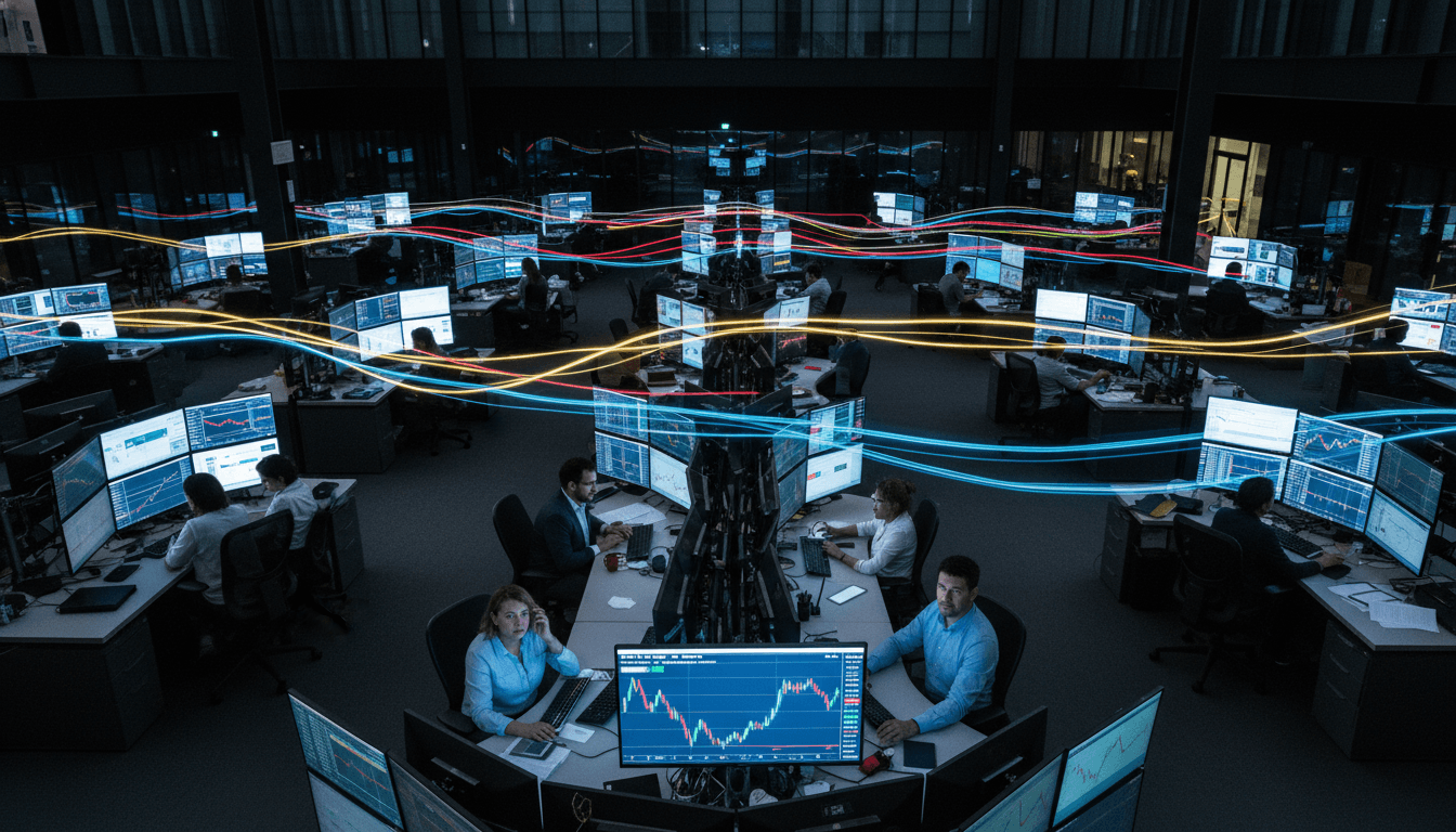 An aerial view of a vibrant cryptocurrency exchange trading floor with multiple screens displaying a falling Bitcoin price chart, reflecting the current Bitcoin price dips.