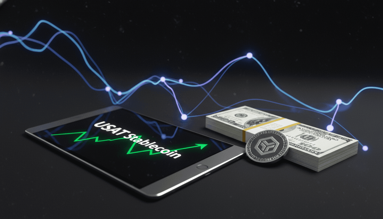 A close-up of a digital tablet displaying 'USAT Stablecoin' with a growth chart in the background, surrounded by various currency symbols and a small Tether logo.