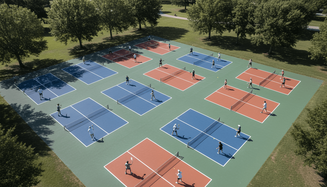 Aerial view of multiple vibrant pickleball courts with players actively engaged in a pickleball investment themed tournament.