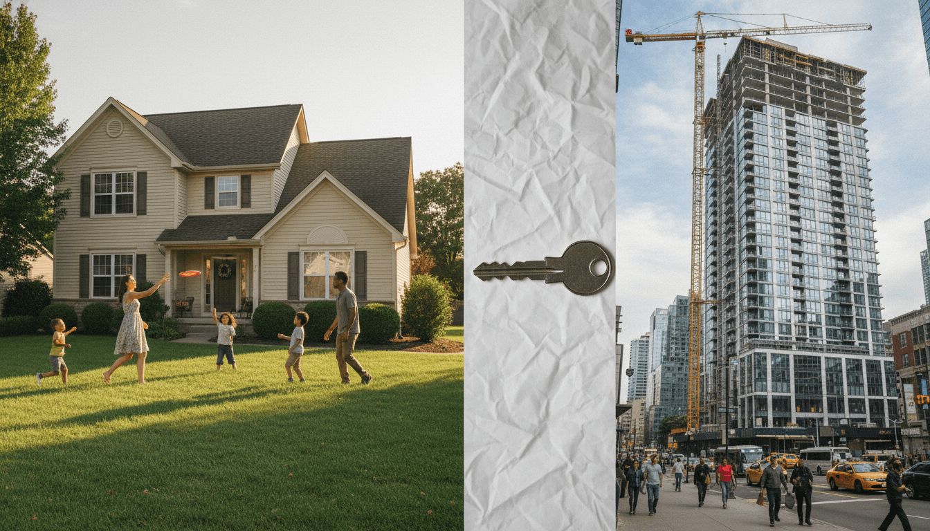 A split image showing a modern single-family home with a large yard on one side, and a contemporary high-rise multifamily apartment building on the other, illustrating how the rental gap widens between them.