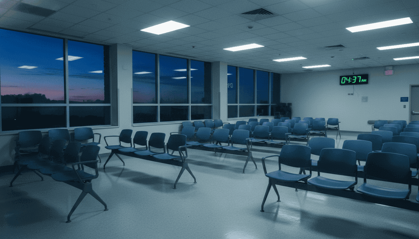 An empty hospital waiting room bathed in dim, early morning light, emphasizing the long waits for CT scans.