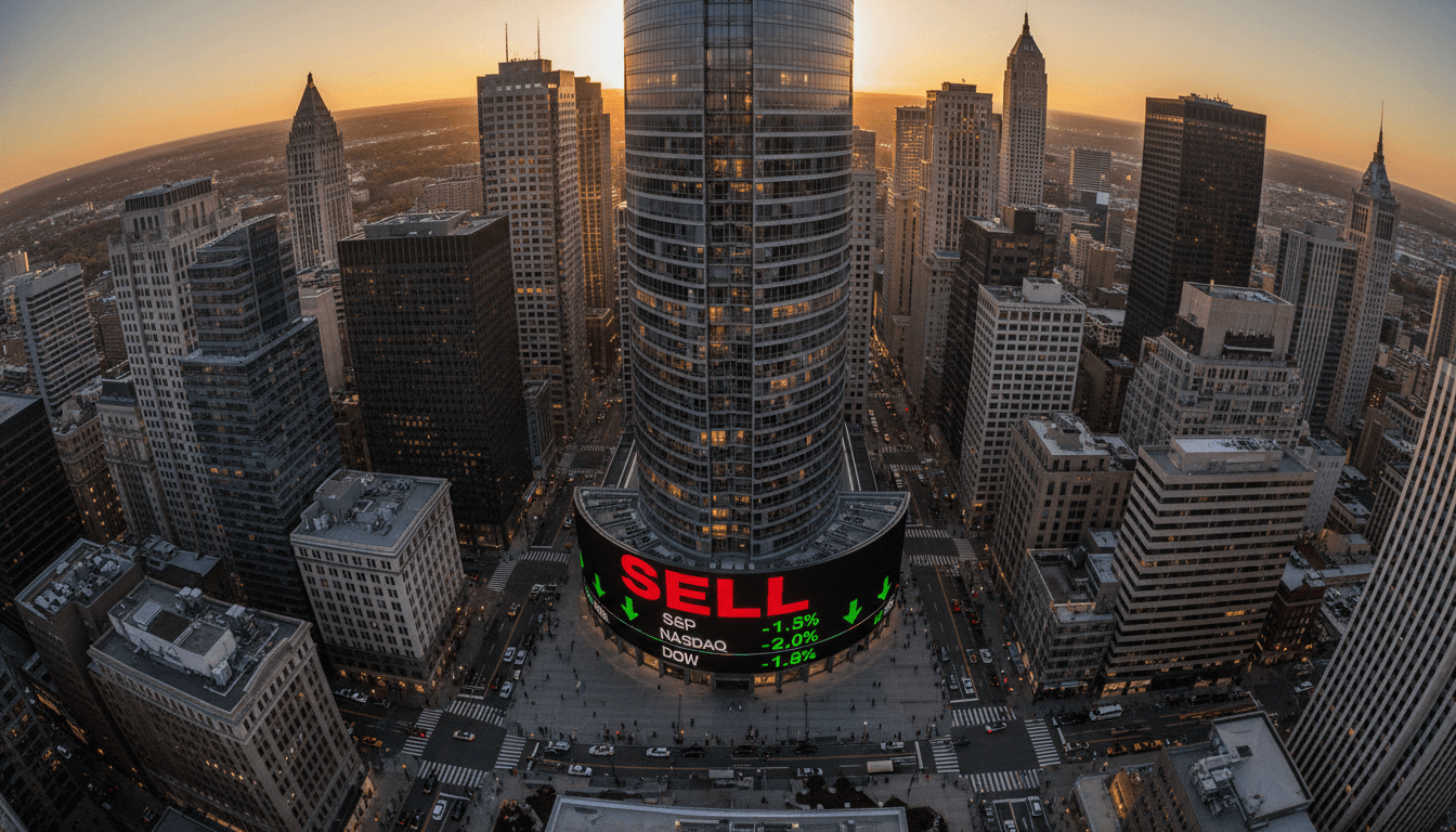 Aerial view of a stock exchange building with a prominent digital ticker displaying a 'stock sell signal' in red, highlighting market sentiment.