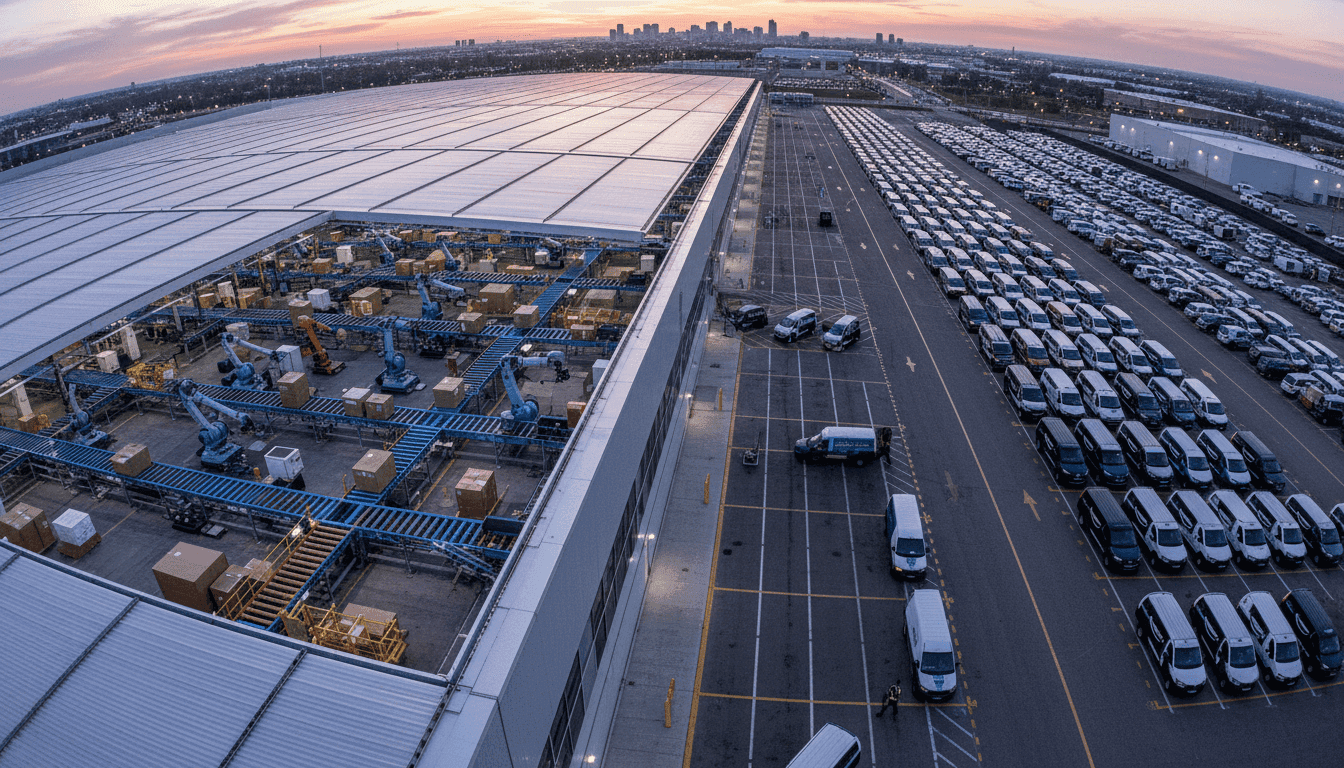 Aerial view of a sprawling, highly automated Amazon fulfillment center, with robotic arms moving packages and delivery trucks lined up, symbolizing how Amazon stock soars