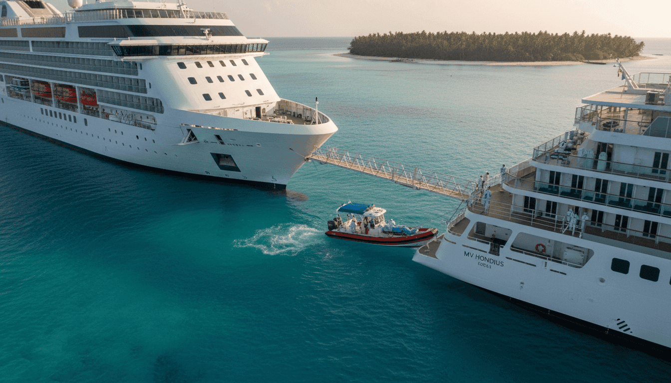 A cruise ship at anchor, with a small medical transport boat approaching, illustrating how a hantavirus outbreak complicates public health on board.