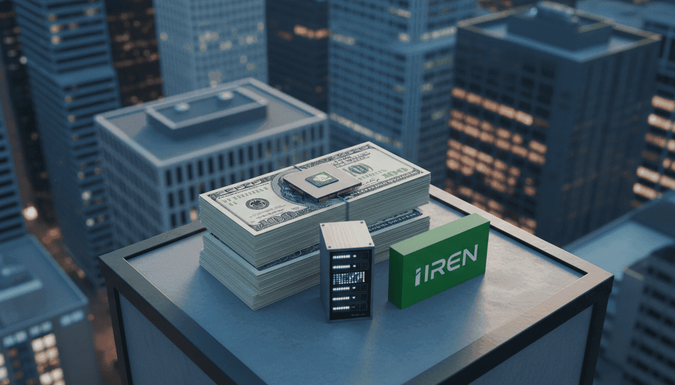 A detailed illustration of the word 'IREN' on a green bar positioned over a server room filled with glowing server racks, representing Iren stock pulls back and the company's AI infrastructure.