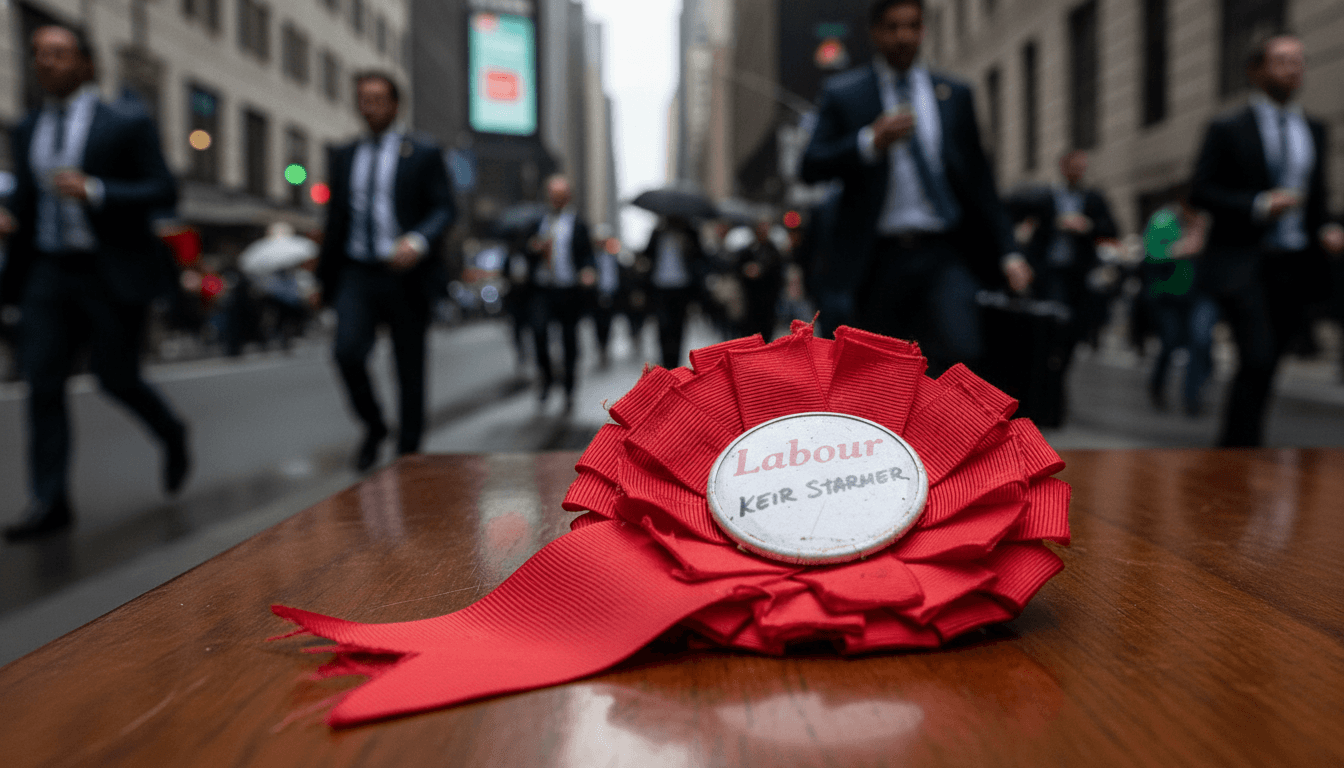 A close-up of a crumpled, discarded Labour Party rosette with 'Keir Starmer' faintly visible, symbolizing the decline of Keir Starmer's leadership.