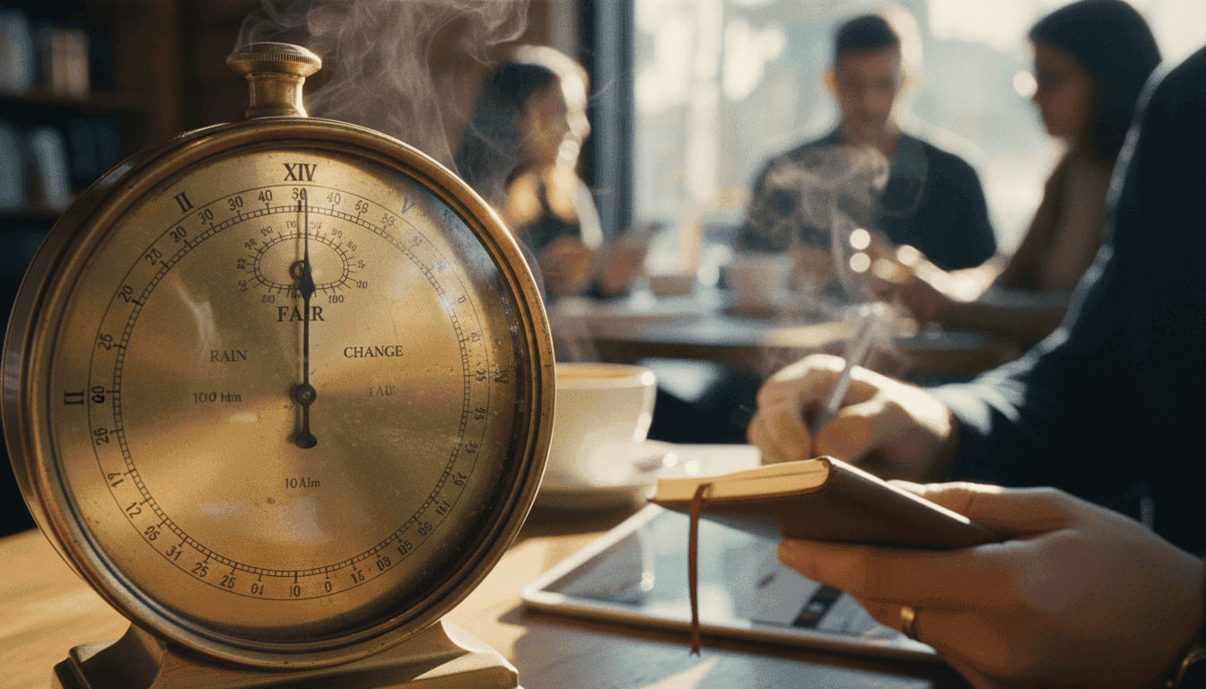 A detailed close-up of a vintage analog barometer with a needle pointing to 'High Pressure,' symbolizing the reliability of traditional methods in AI inflation forecasting.