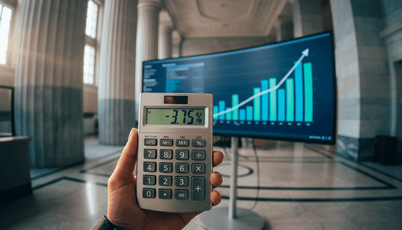Close-up of a hand holding a calculator showing a decreasing household debt burden percentage against a blurred background of financial charts.