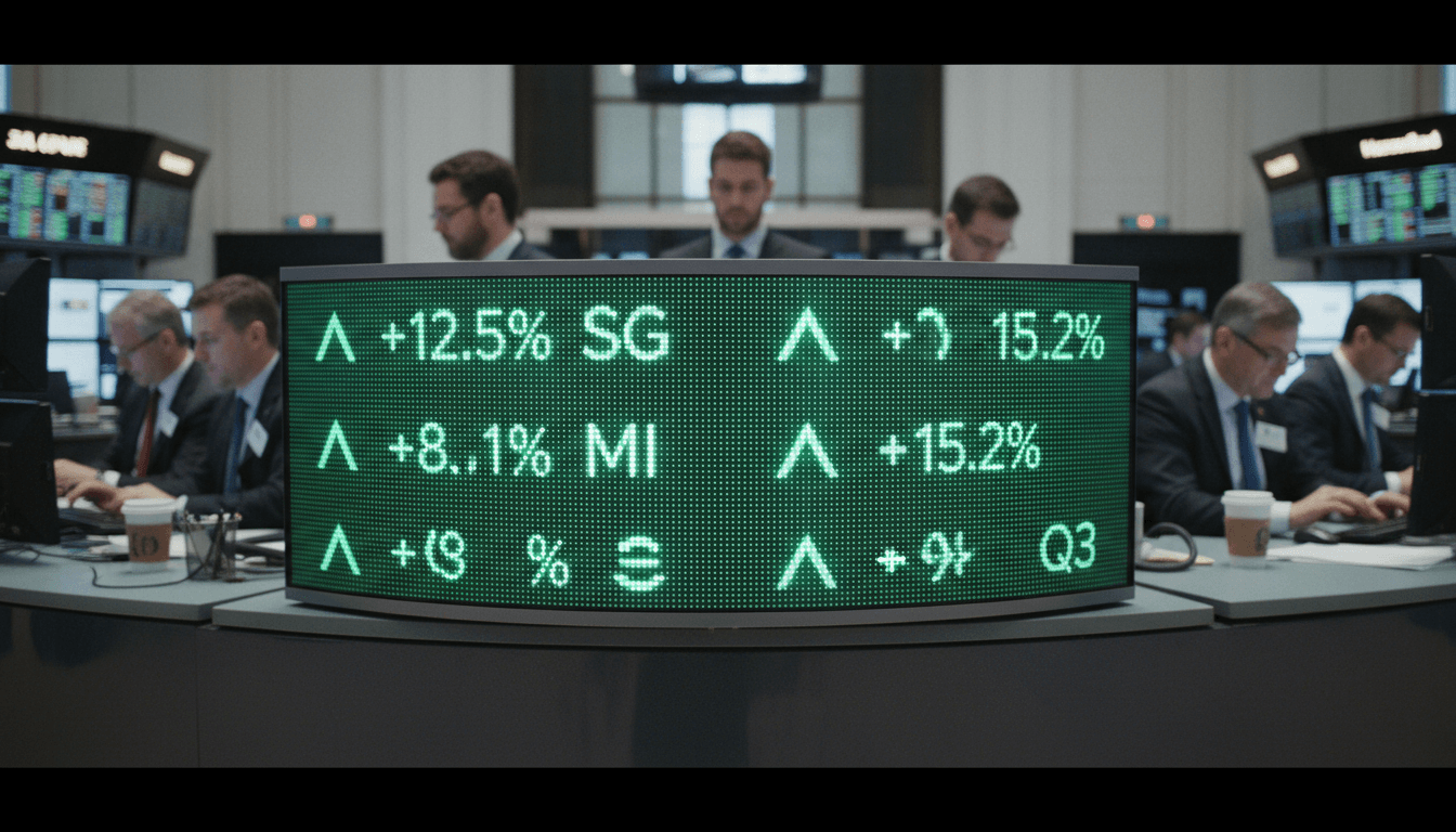 A bustling stock exchange floor with digital ticker boards displaying financial data and charts, emphasizing S&P 500 stocks with soaring sales and improving profit margins.