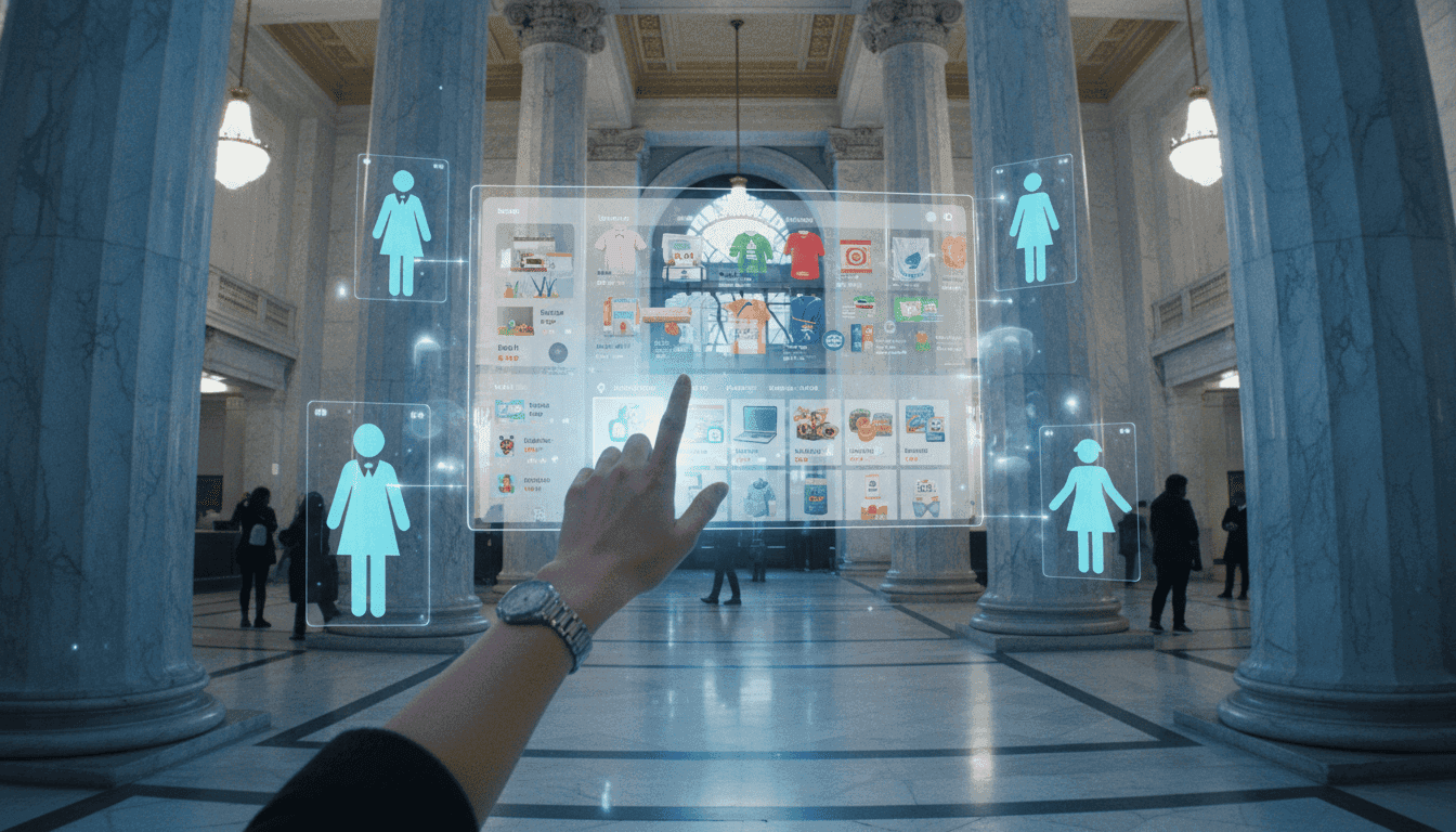 A futuristic shopping interface displaying product recommendations, powered by AI shopping assistants.