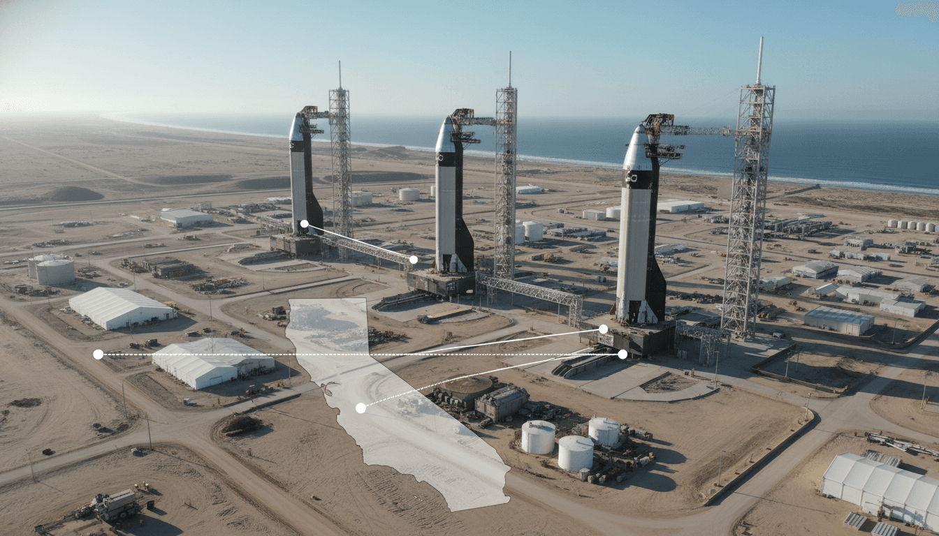 An aerial view of the SpaceX Starbase facility in Texas, contrasting with a map overlay highlighting California's enduring economic ties as California gains big from SpaceX IPO.