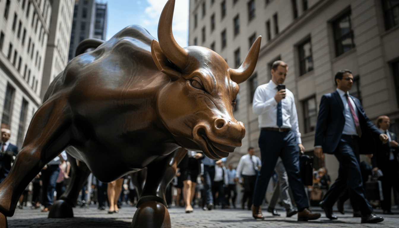 A bustling Wall Street scene with the iconic bull statue, representing the small-cap stocks rally, amidst a backdrop of financial buildings.