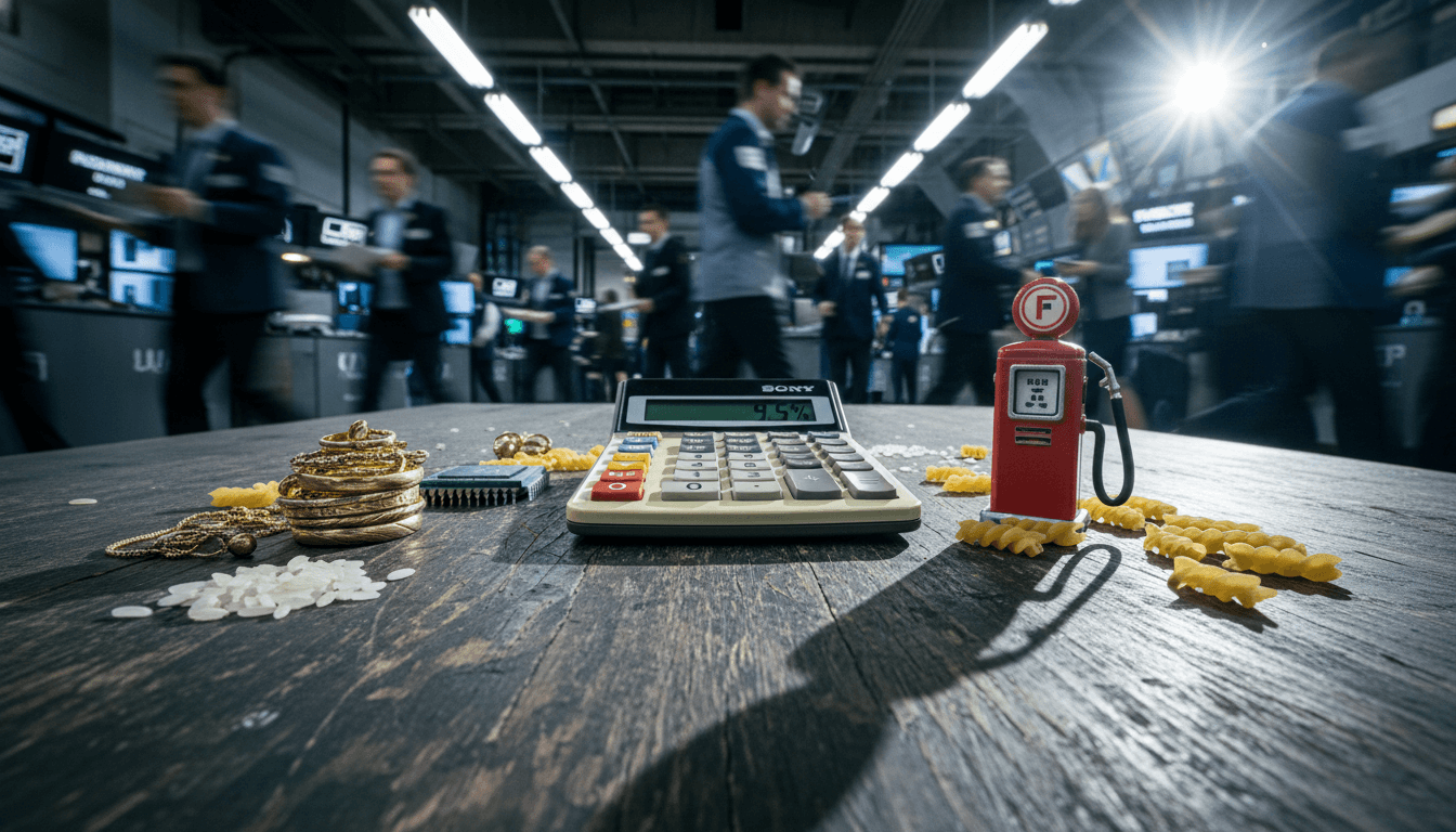 A collection of objects representing PCE inflation surges further, including a gas pump nozzle, a grocery cart with diverse foods, and a computer chip.