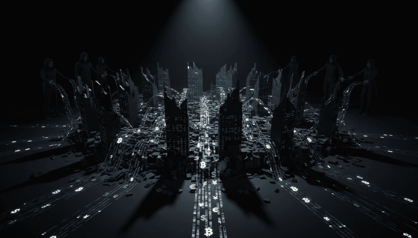 Depiction of digital currency flowing into a complex network of shell company bank accounts, with shadowy figures in the background, symbolizing money laundering.