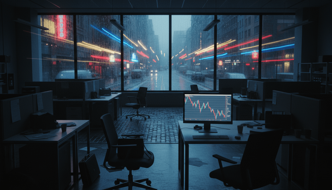 A dimly lit, empty investment office with a single, glowing computer screen displaying a complex financial chart, reflecting the somber mood of the H2O Asset Management scandal.