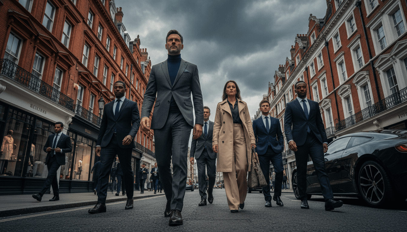 A man resembling Dmitry Ovsyannikov, mid-40s, walking briskly down a busy London street, perhaps near a luxury car dealership or a high-end residential area. He is dressed in smart casual attire, possibly carrying a briefcase or a shopping bag. The street is bustling with pedestrians and classic London architecture in the background.