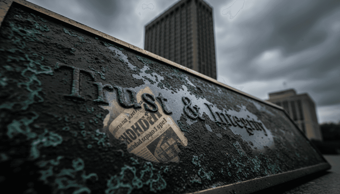 Close-up of a tarnished, slightly corroded bronze plaque with the etched words 'Trust & Integrity' partially obscured, reflecting a distorted image of a somber financial newspaper headline.