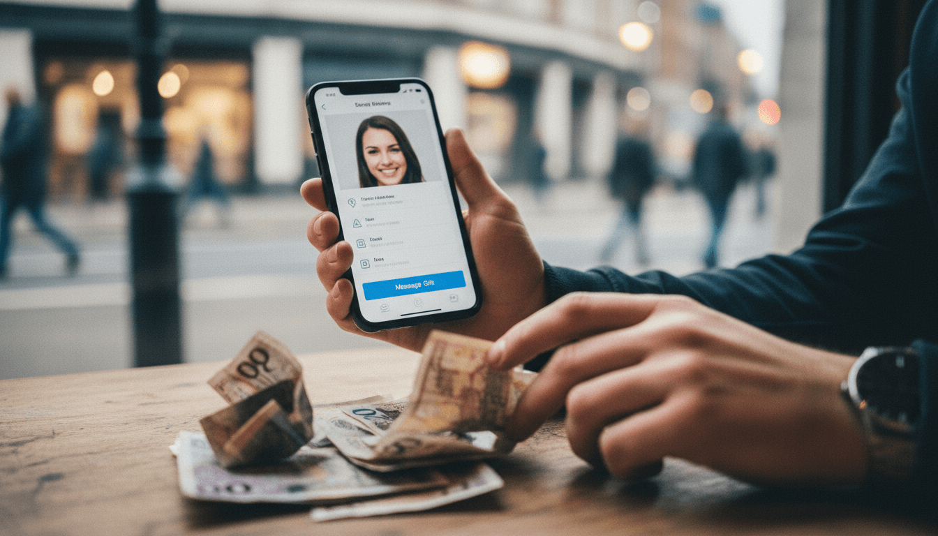 A hand holding a smartphone with a dating app profile open, overlaid with a warning sign, while another hand holds a stack of cash, symbolizing romance fraud.