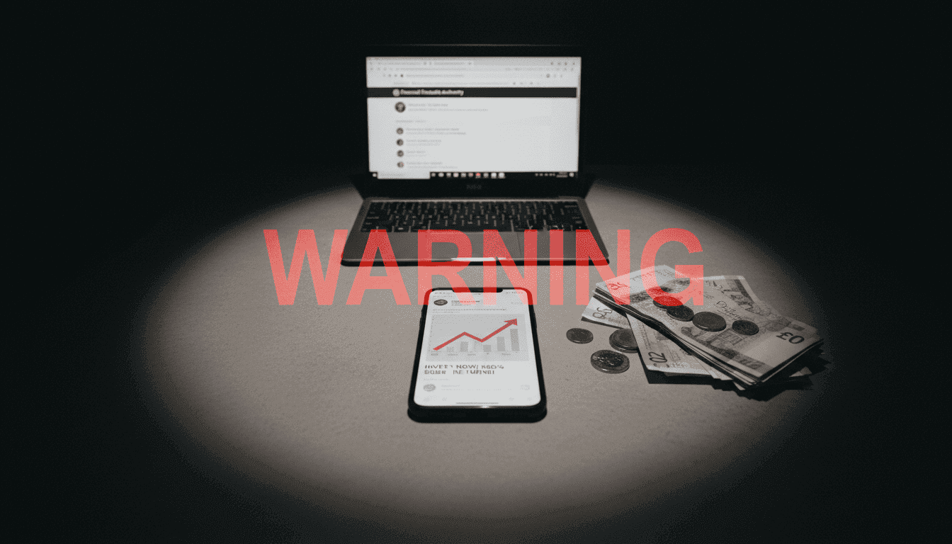 A smartphone screen displaying a financial promotion post with a blurred influencer image, overlaid with a 'WARNING' sign. In the foreground, a stack of UK pound notes and a small, open laptop showing the FCA website are visible, emphasizing the regulatory context and potential financial loss.