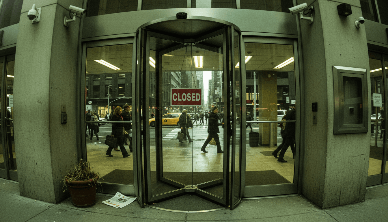 A close-up of a blurred bank building facade with a 'Closed' sign, reflecting the aftermath of a major financial fraud.