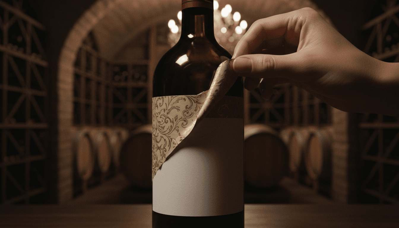 A close-up of a meticulously forged wine label, with a blurry background of stacked wine barrels.