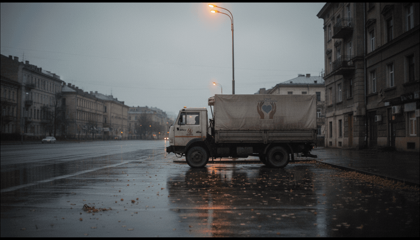 Empty, rain-slicked street in an Eastern European city at dawn, a lone, worn humanitarian aid truck parked under a dim streetlamp, its logo barely visible, reflecting the somber mood of a charity scandal.