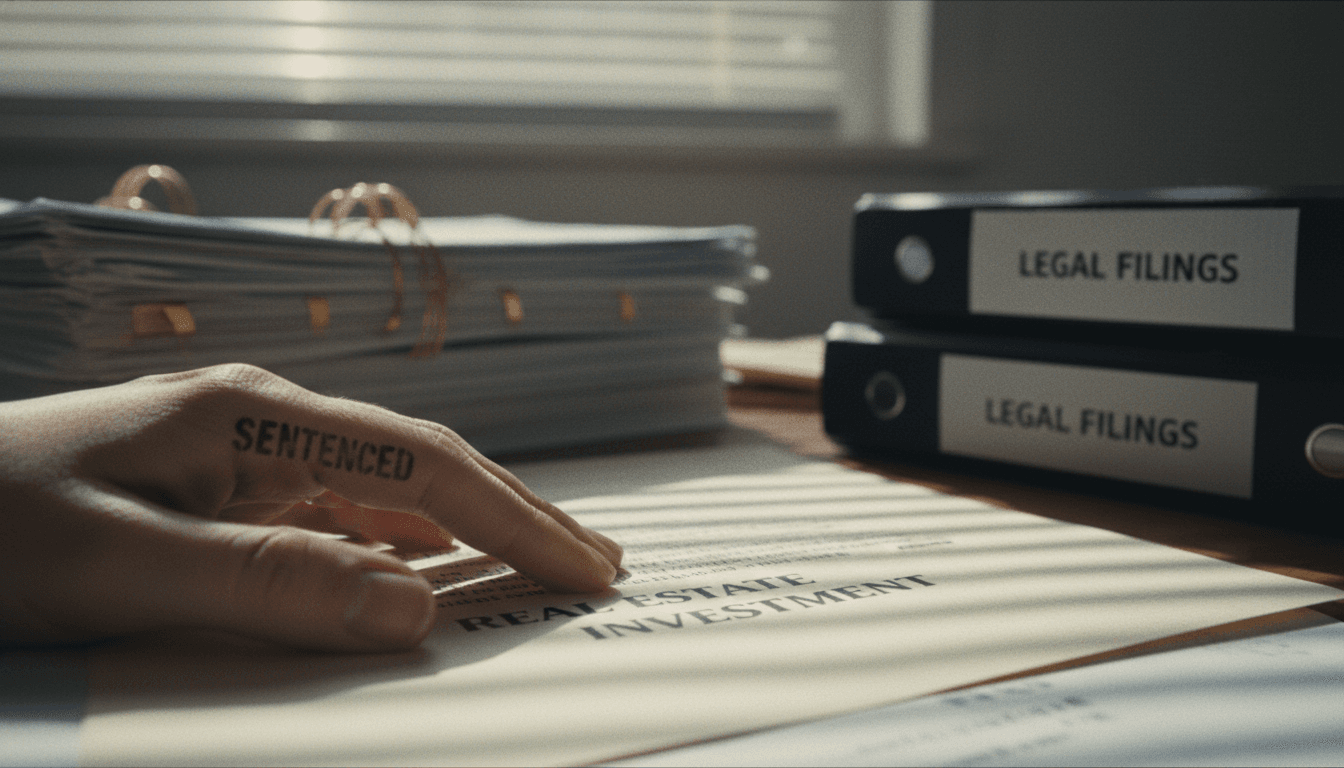A hand placing a 'sentenced' stamp over a document related to a real estate investment company, with blurred financial reports and legal papers in the background.