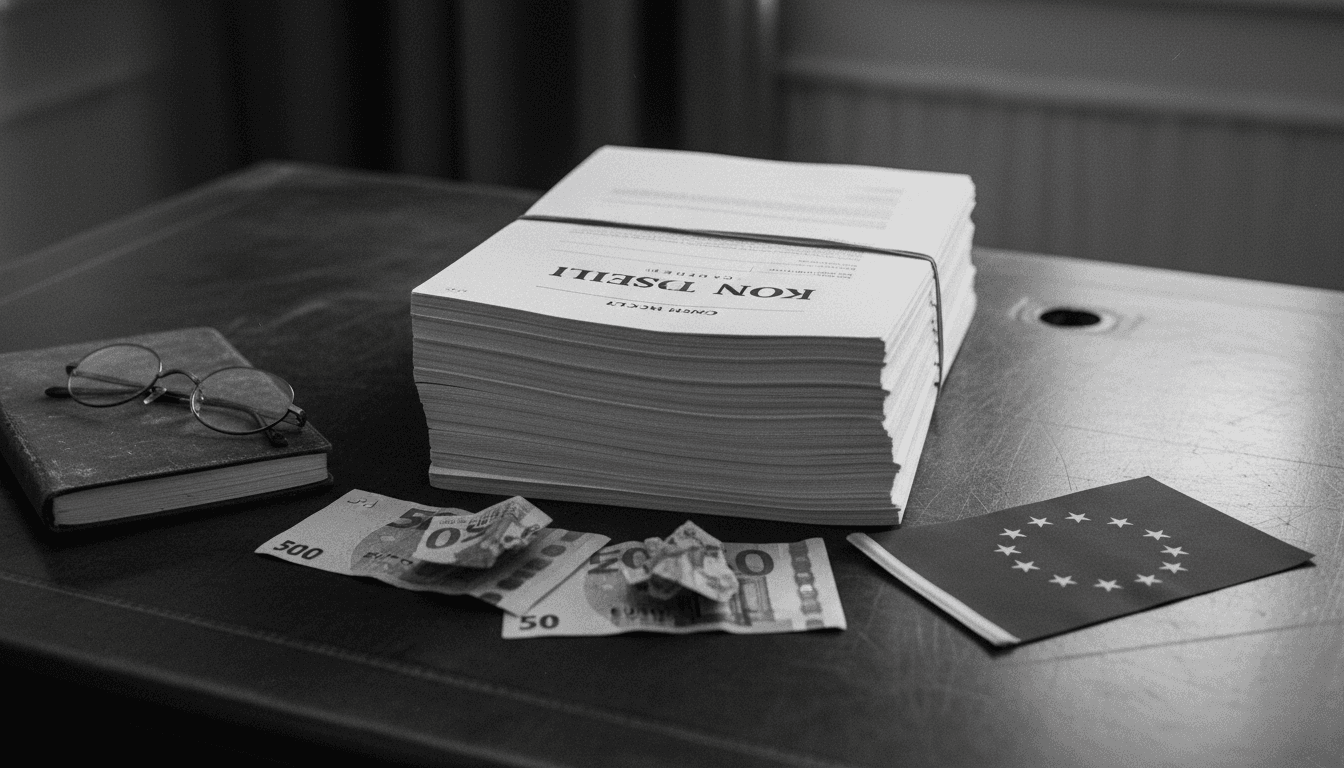 A curated still life of documents, a contract labeled 'Kon Tiki Conseil', Euro banknotes, and a small European Union flag, symbolizing the investigation into Jordan Bardella's alleged fraud.