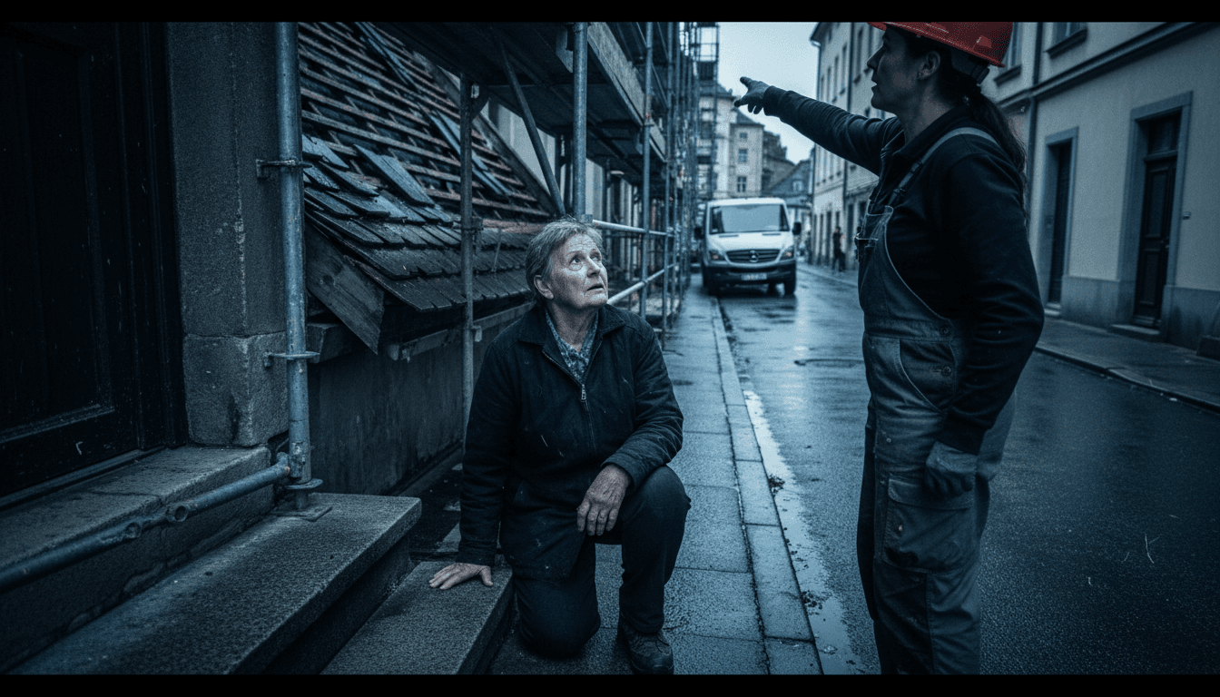 An elderly person looking concerned at a roof with scaffolding, while a contractor points upwards, suggesting expensive repairs.